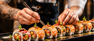 Sushi mistr aranžuje rolky hůlkami přímo před hosty