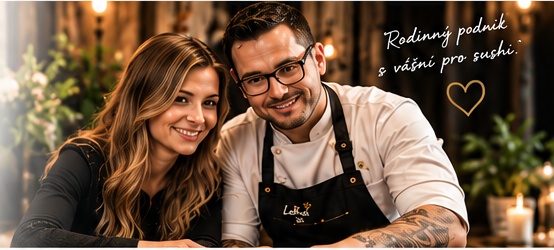 Eliška a David Královi, majitelé LaKral Sushi. Nápis: Rodinný podnik s vášní pro sushi.